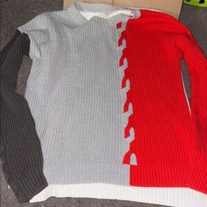 Colorblock Knit Sweater in Gray, Red & Dark Brown